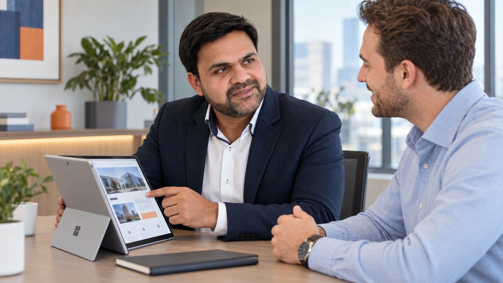 Mark showing a customer a website design on a Microsoft Surface in a modern office.