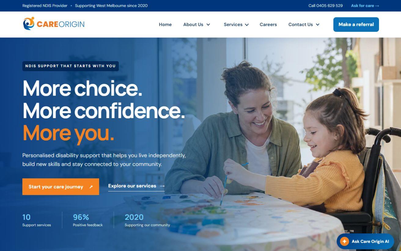 Screenshot of the live Care Origin homepage