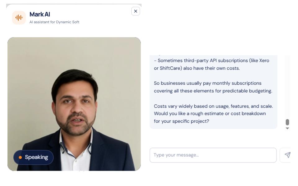 Screenshot of Mark AI with Mark?s video avatar visible in the chat panel