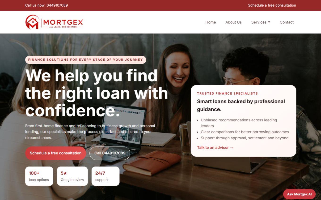 Screenshot of the live Mortgex Finance homepage
