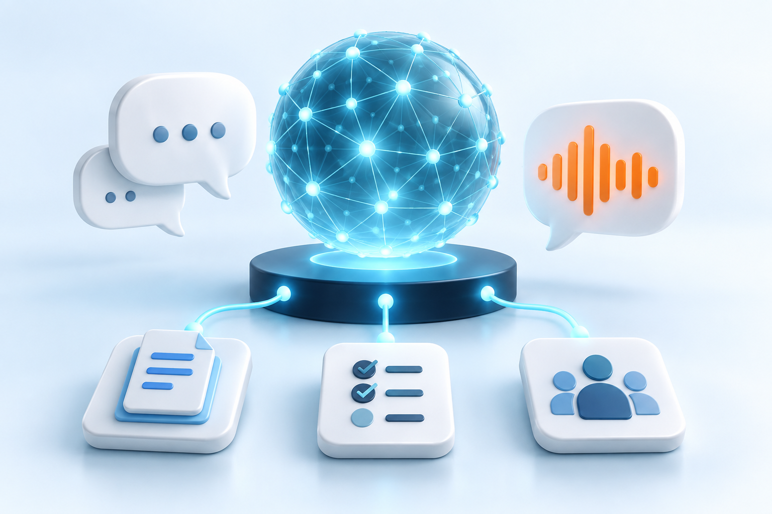 A new conceptual illustration of an AI assistant connecting knowledge, conversation and business tools.