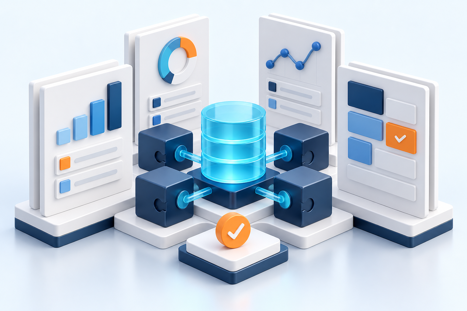 A new conceptual illustration of a custom business dashboard and connected workflow.